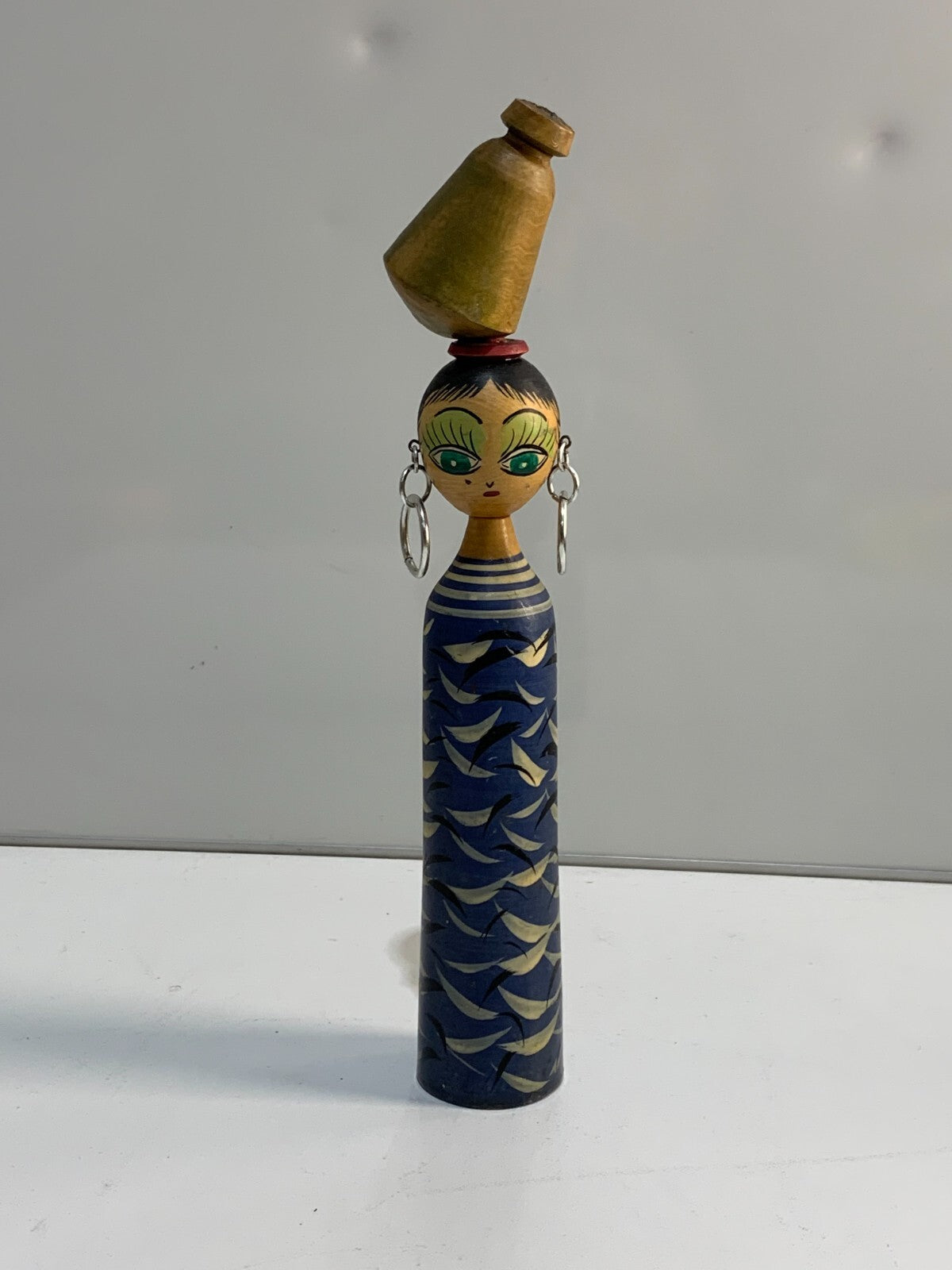 Vintage Middle Eastern Hand Painted Wood Figurine Spindle Doll