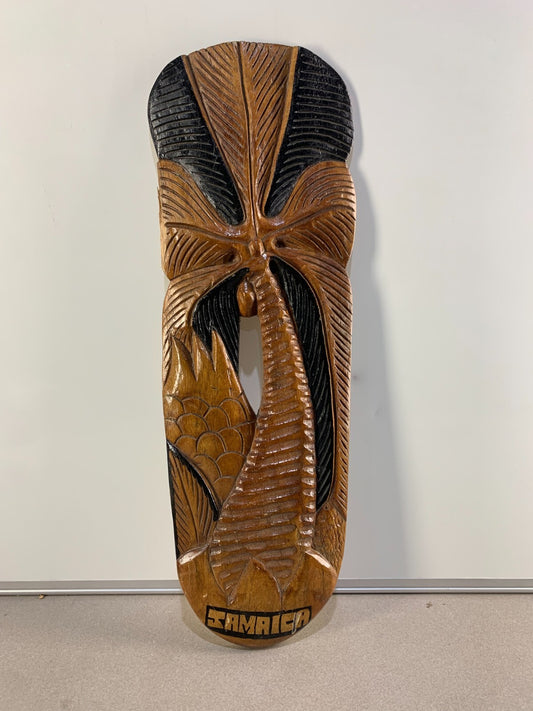 Vintage Hand Carved Jamaica Folk Art Palm Tree Wooden Wall Hanging Board