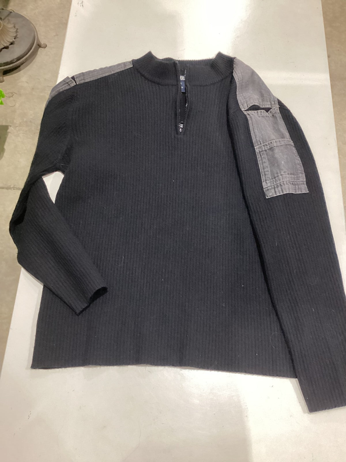 Black Sweater With Denim Details on the Shoulder