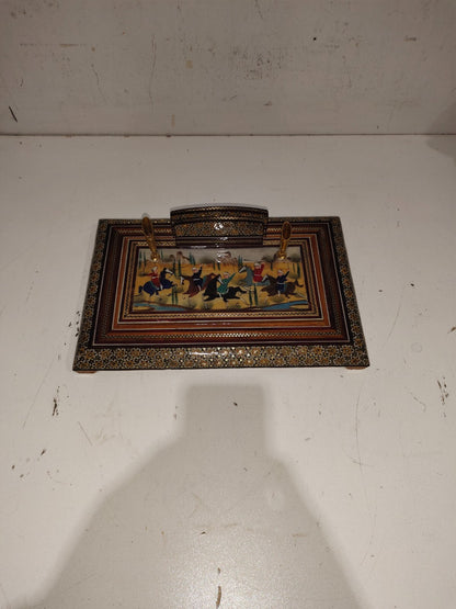 VTG Handcrafted Wooden Inlaid Persian Khatam Scene Organizer 2 Pen Holder
