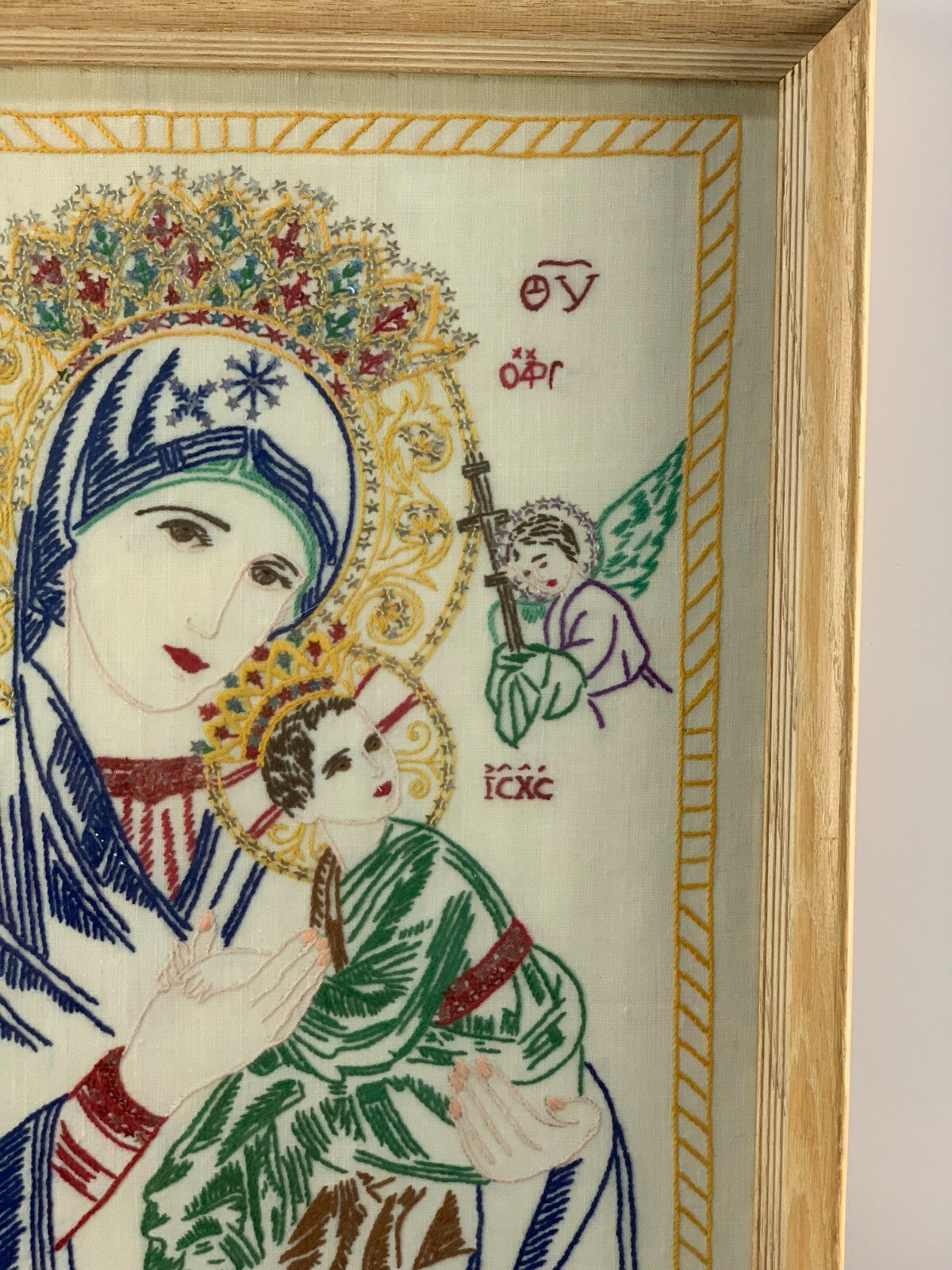 ANTIQUE EARLY 20TH CENTURY RUSSIAN RELIGIOUS ICON "MOTHER OF GOD" NEEDLEPOINT