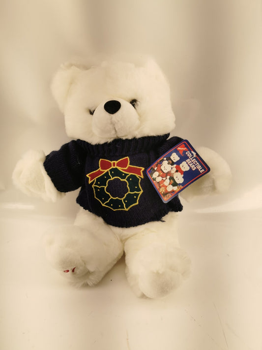 1997 Main Joy White Teddy Bear Holiday Wreath 19" Plush Soft Toy Stuffed Animal