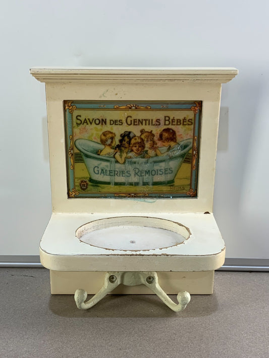 French Savon Des Gentils Bebes Small Wood Shelf W/ Tile Display and Coat Hangers