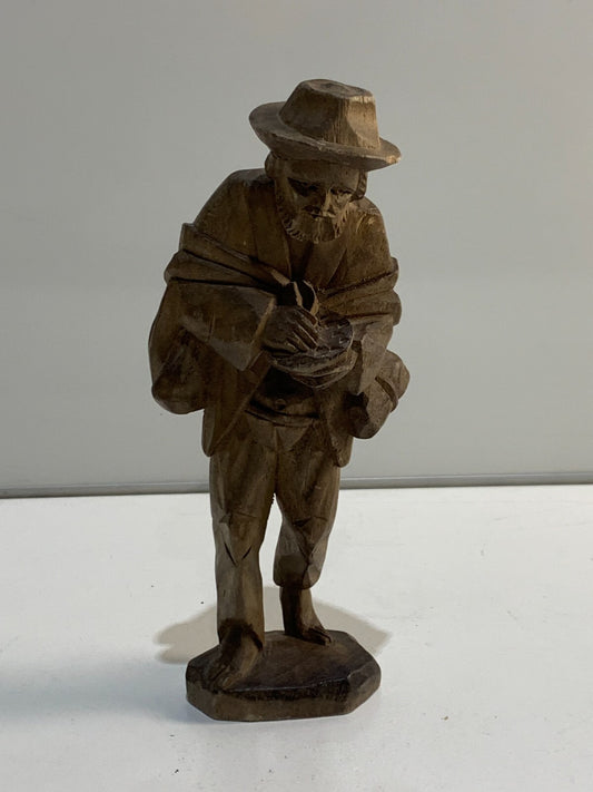 Carved Wooden Traveler Man Barefoot Bearded Pilgrim Folk Art Figure Handmade