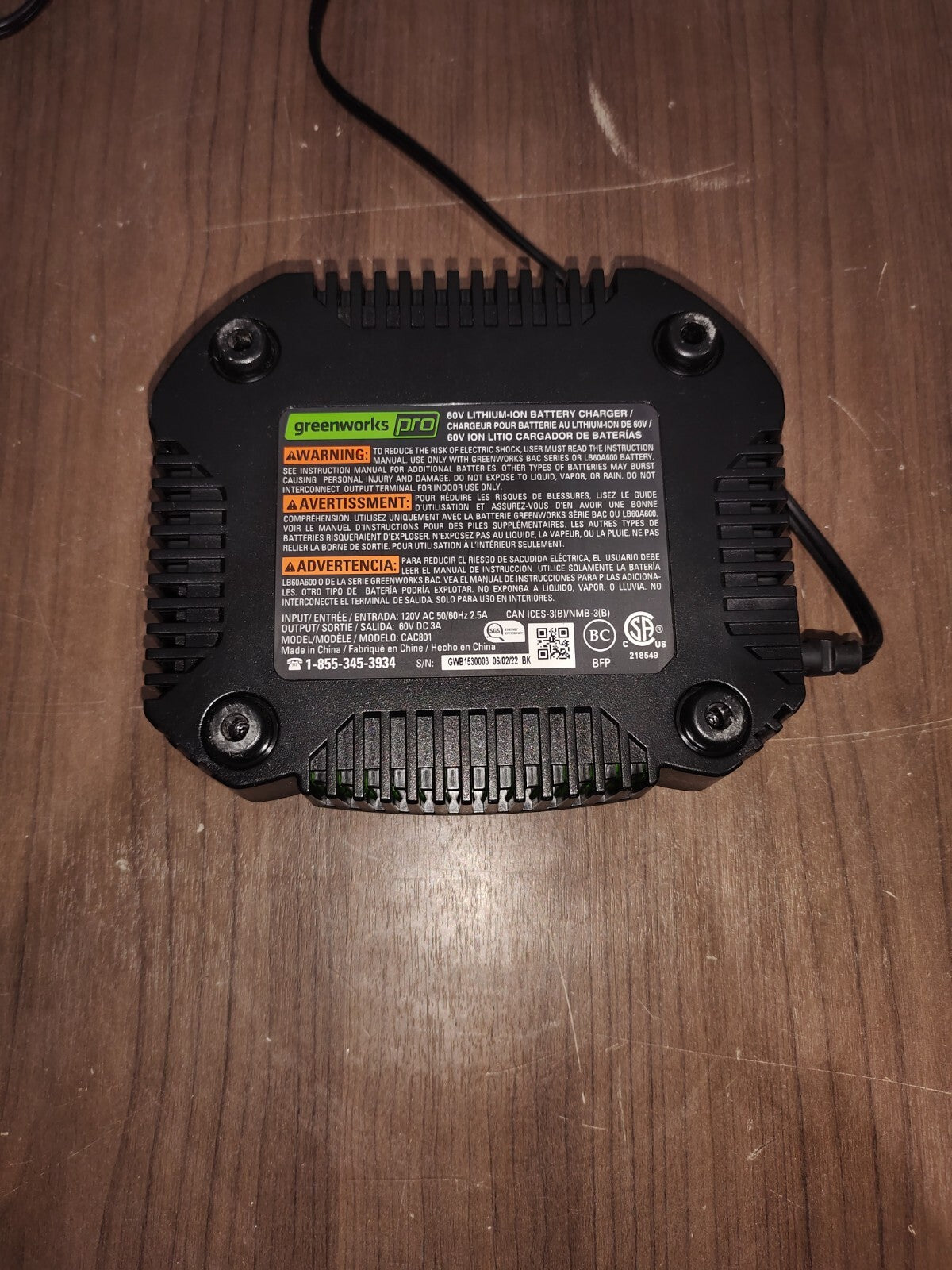 Greenworks Pro Genuine Original 60 Volt Lithium Ion Rapid Battery Charger - 2