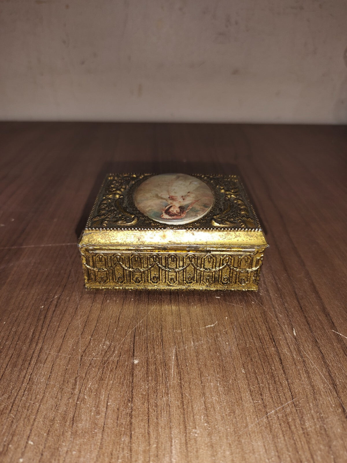 Vintage Ornate Metal Cameo Brass Trinket Jewelry Box  Red Velvet Lined