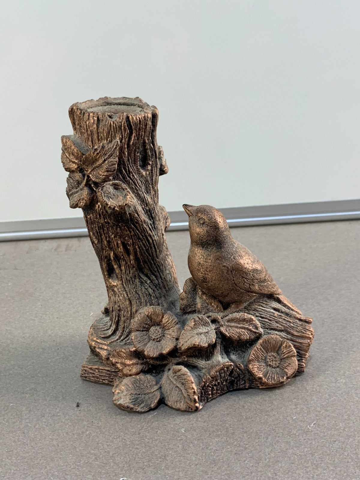 Vintage bird candlestick, tree trunk design coppercraft bronze & black resin