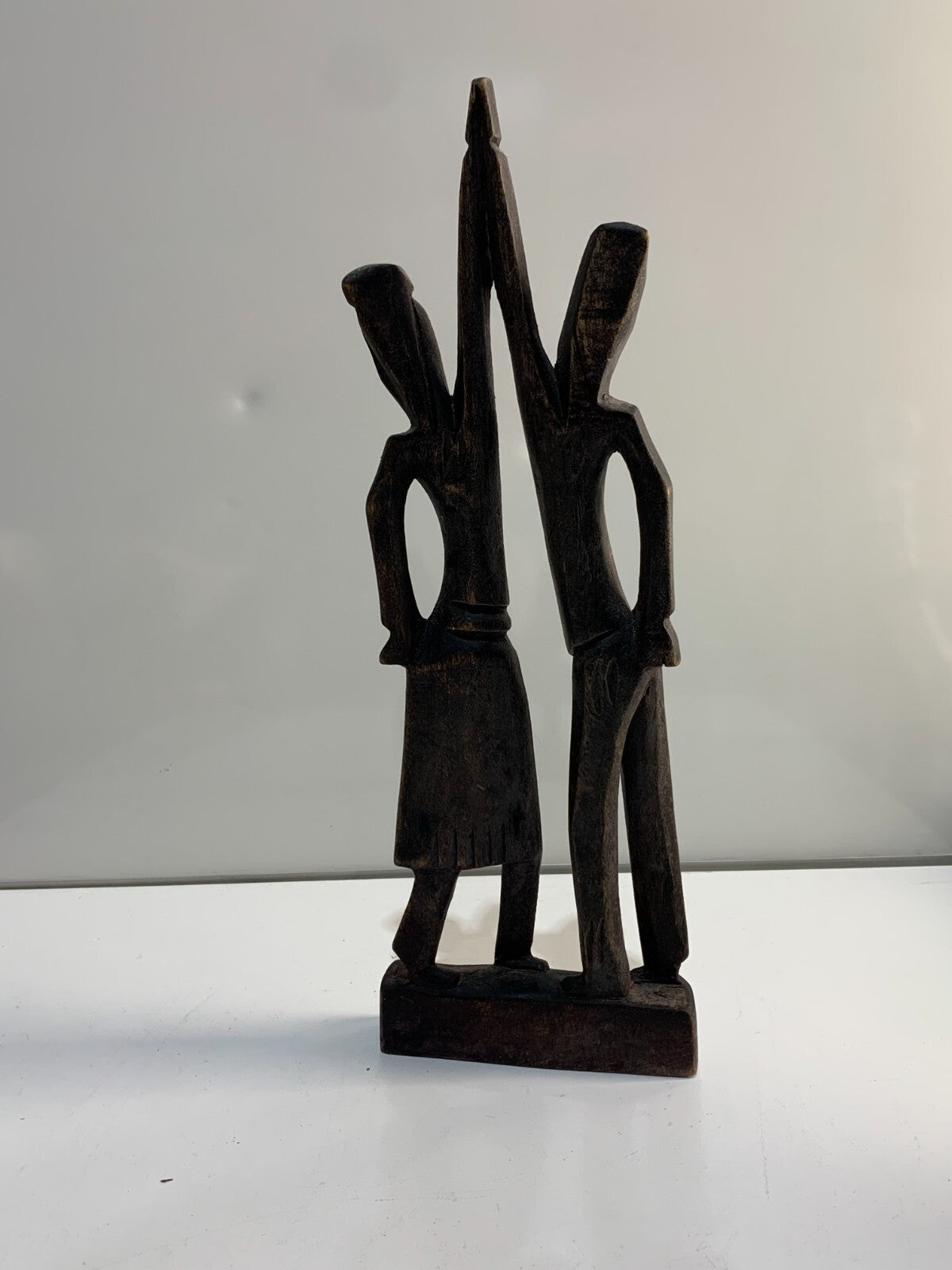 Haitian Wood Carved Figure of Man & Woman 13.5" Tall Vintage Wooden Statue Pair