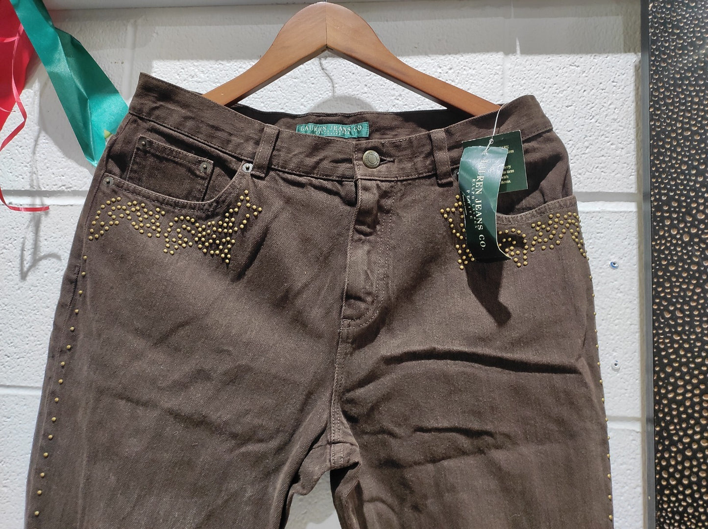 Vintage Lauren Jean Co Women's Size 10p Brown Beaded Curvy Bootcut Denim Jeans
