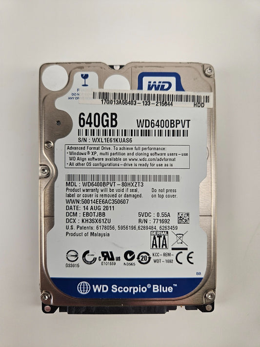 Western Digital 640GB WD6400BPVT 5400RPM 2.5" SATA Laptop HDD Hard Drive