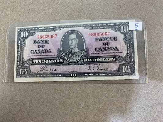 1937 Canada $10 Banknote – Coyne/Towers – Prefix E/T8665067 – King George VI