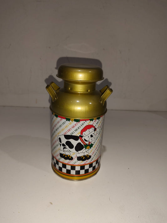 Christmas Cow Ho Ho MOO Holiday Decorated 7 1/2" Metal Milk Can