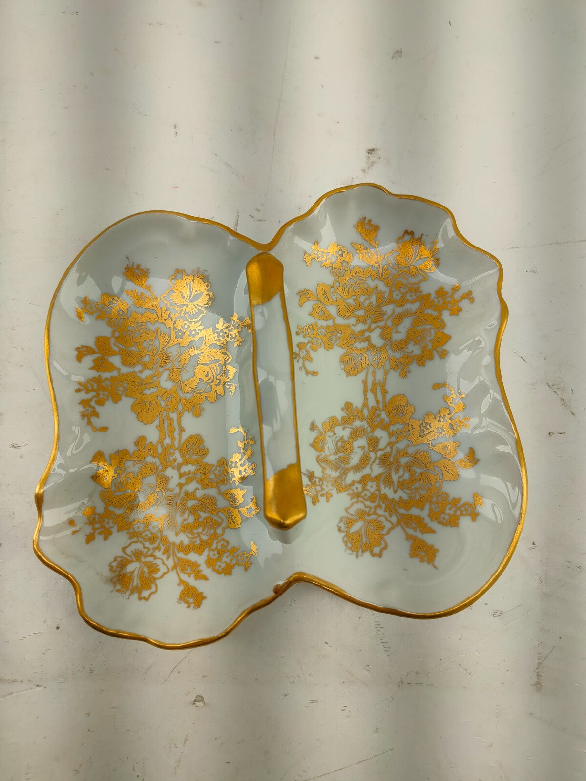 Porcelaine De France Hand painted Gold flower Divided Candy Nut Dish