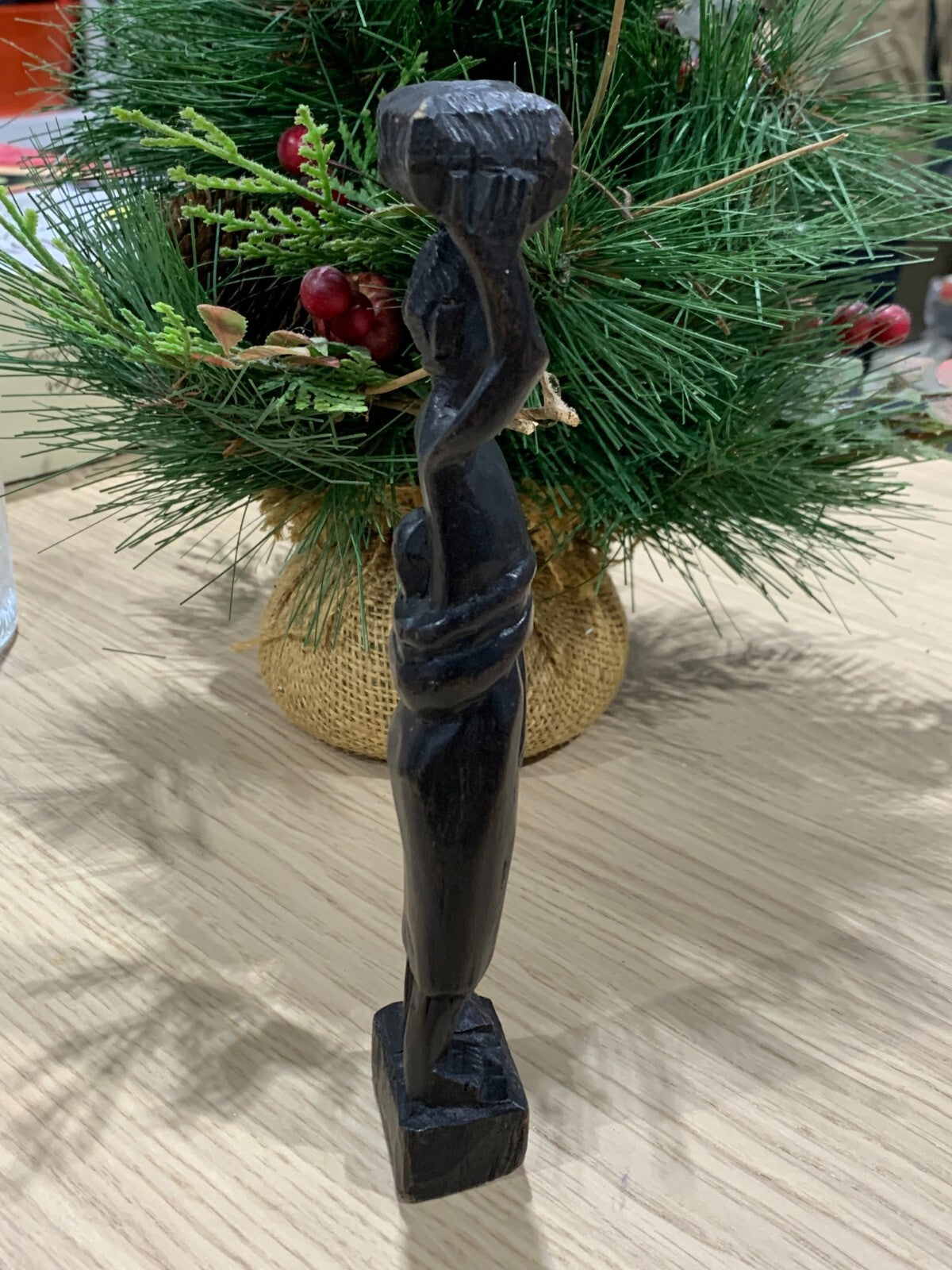 Wood sculpture woman with baby and basket, African woman statue sculpture