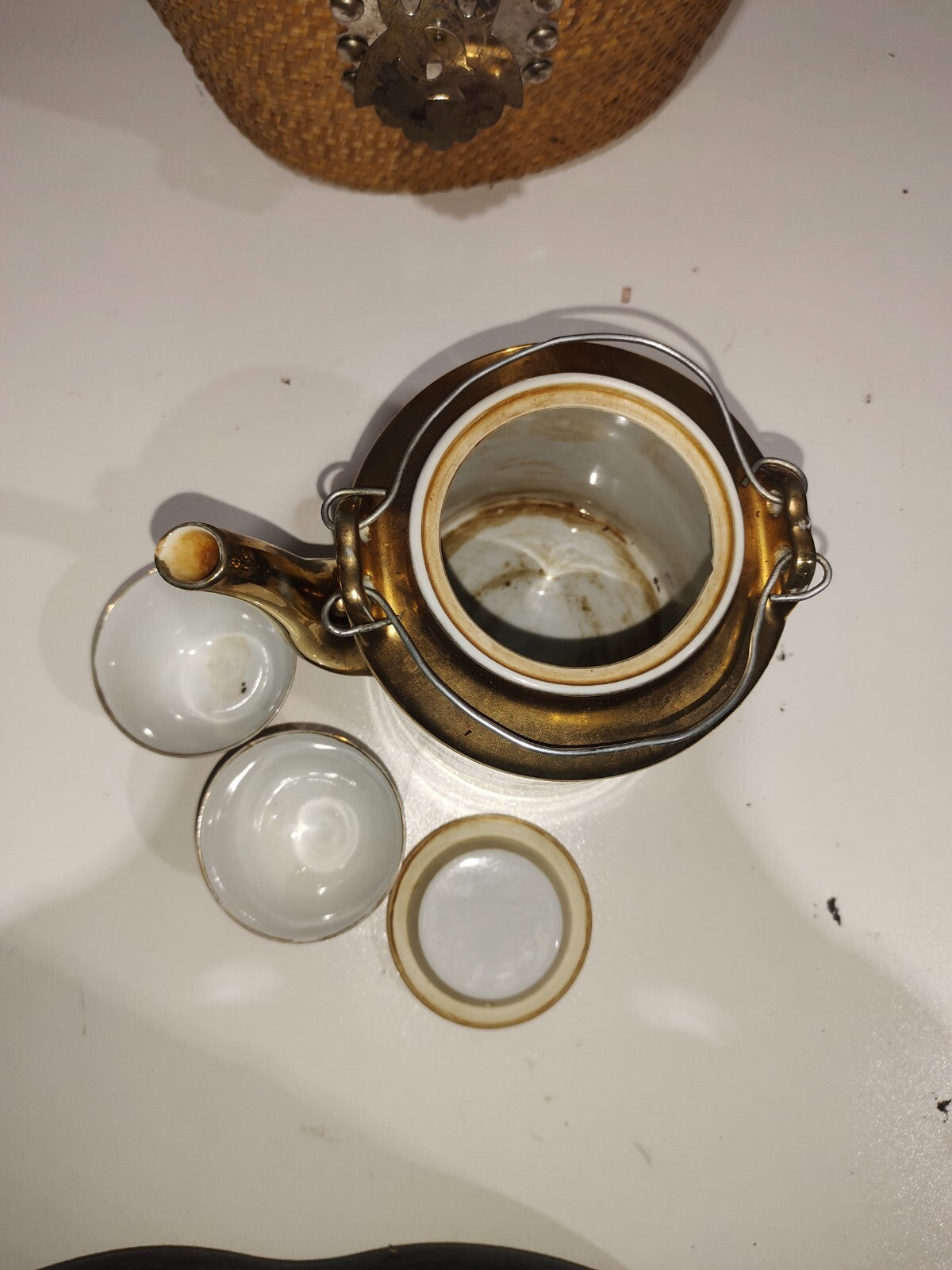 Vintage Chinese White Geisha Porcelain Tea Pot Set - Basket