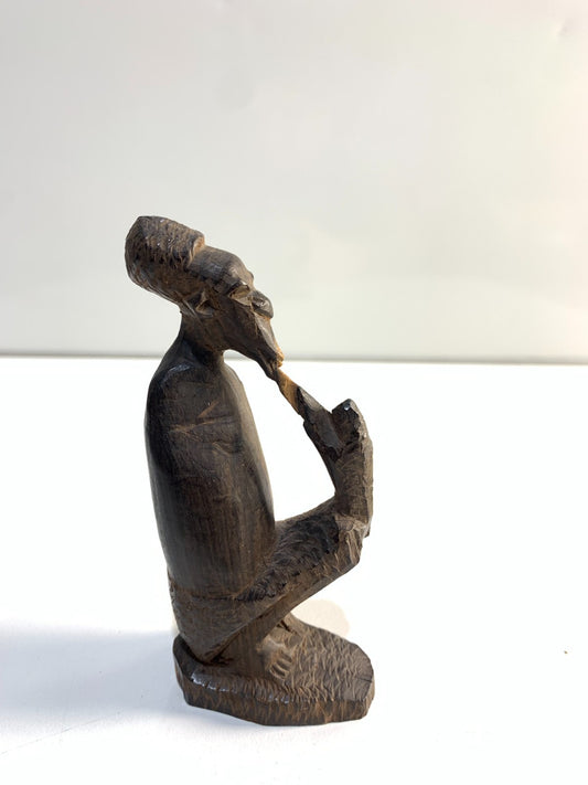 Hand Carved Wooden African Tribal Man Figure With Smoke Pipe