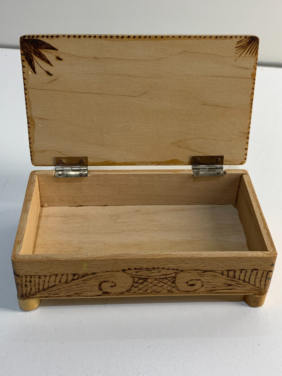 Antique Wooden Box with Hinged Lid, has a beautiful art on top.