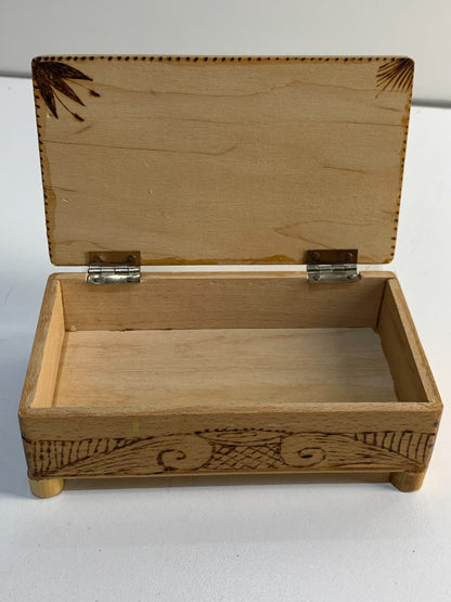 Antique Wooden Box with Hinged Lid, has a beautiful art on top.