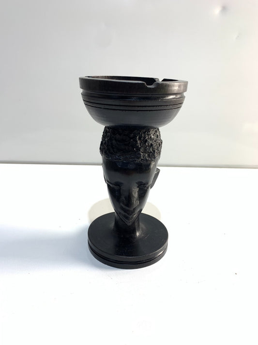 Vintage Wooden Head African Tribal Art Ashtray Hand- Carved Solid Wood