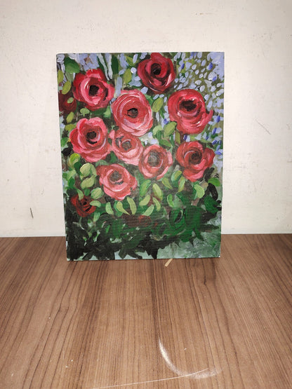 Hand Painted Acrylic Stretch Canvas Painting - 14" X 11" - Roses and Plant