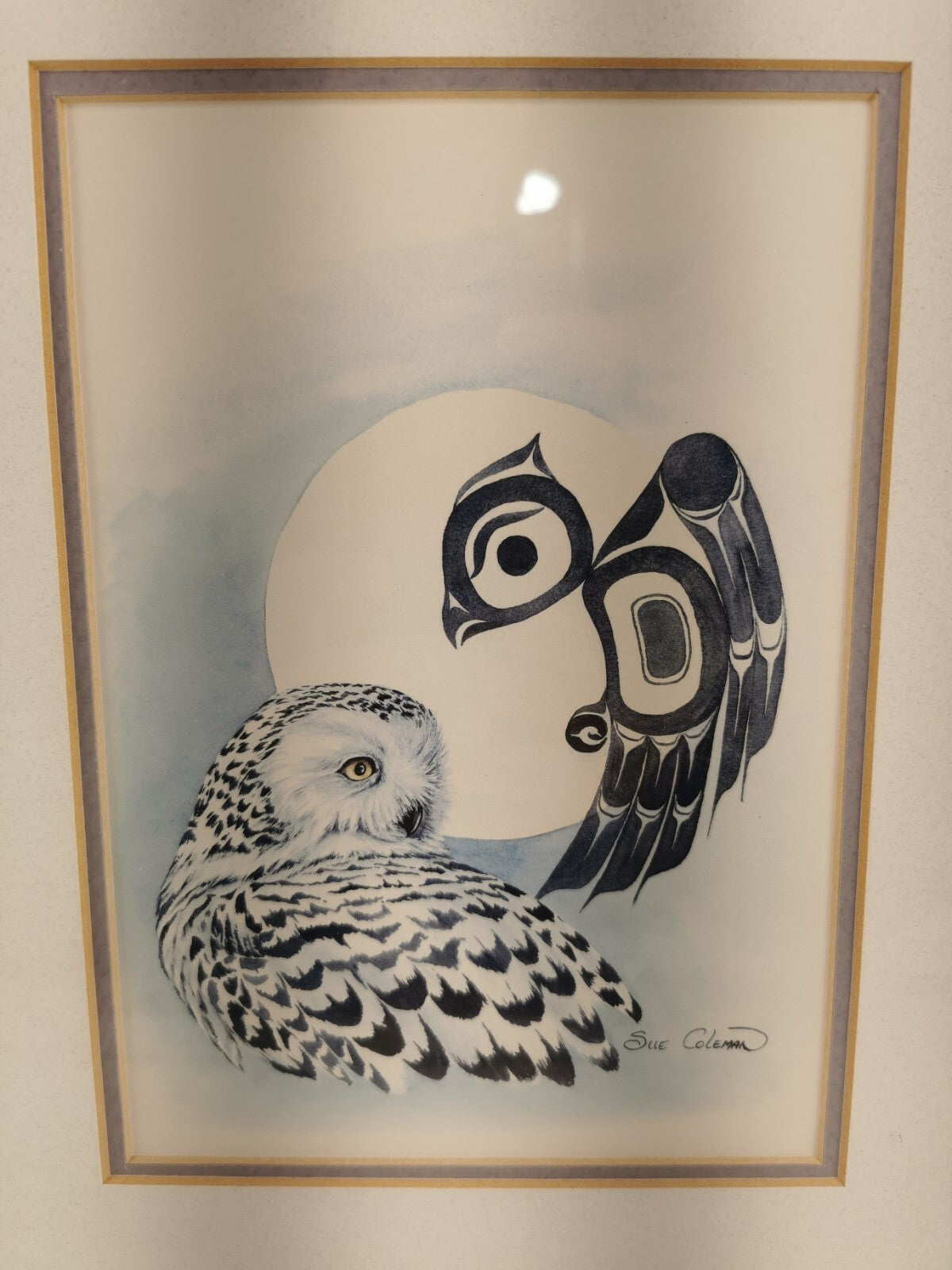 Professionally Framed ~ Signed SUE COLEMAN Art Work, Owl Design With Certificate