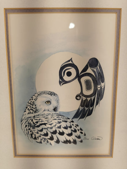 Professionally Framed ~ Signed SUE COLEMAN Art Work, Owl Design With Certificate