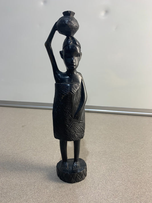 Vintage 1960s Genuine Hand Carved Ebony Wood Woman Carrying Water