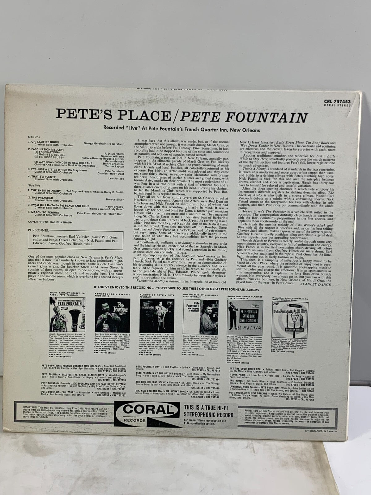 Pete's Place Pete Fountain LP Record Coral Records, CRL57453 Jazz Vinyl Music