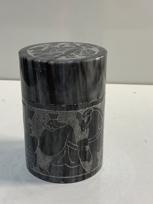 Vintage Collectible Black & White Carved Marble Jar
