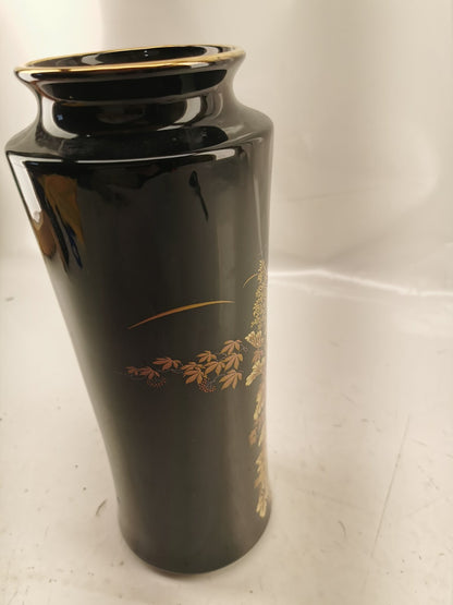 Vintage Shibata Japanese Chrysanthemum Black & Gold Vases 11”