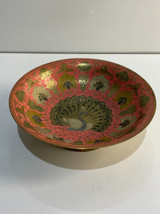 Vintage brass pedestal bowl, etched and enamel painted floral & peacock design.