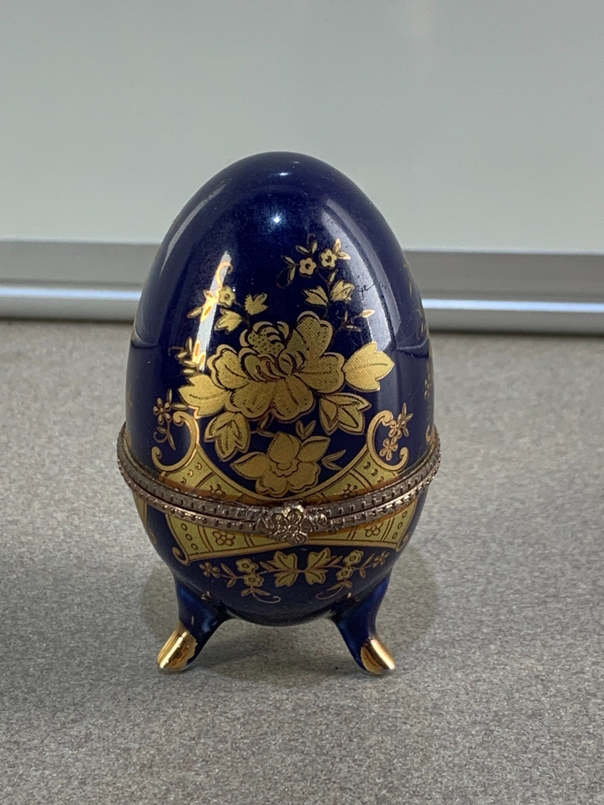 Floral AKM Vintage Porcelain Blue Egg Footed Trinket Box