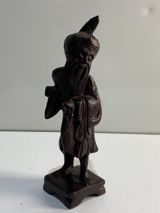 Chinese Figurine Happy Fisherman Hand Carved Wood Statue