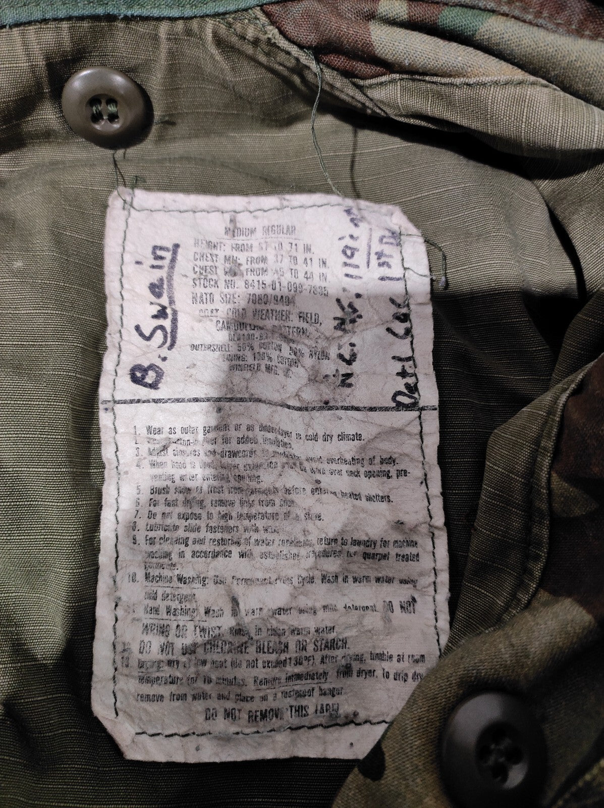 Vintage US Army Camo Lined Field Jacket "B. Swein" Cold Weather Size Medium