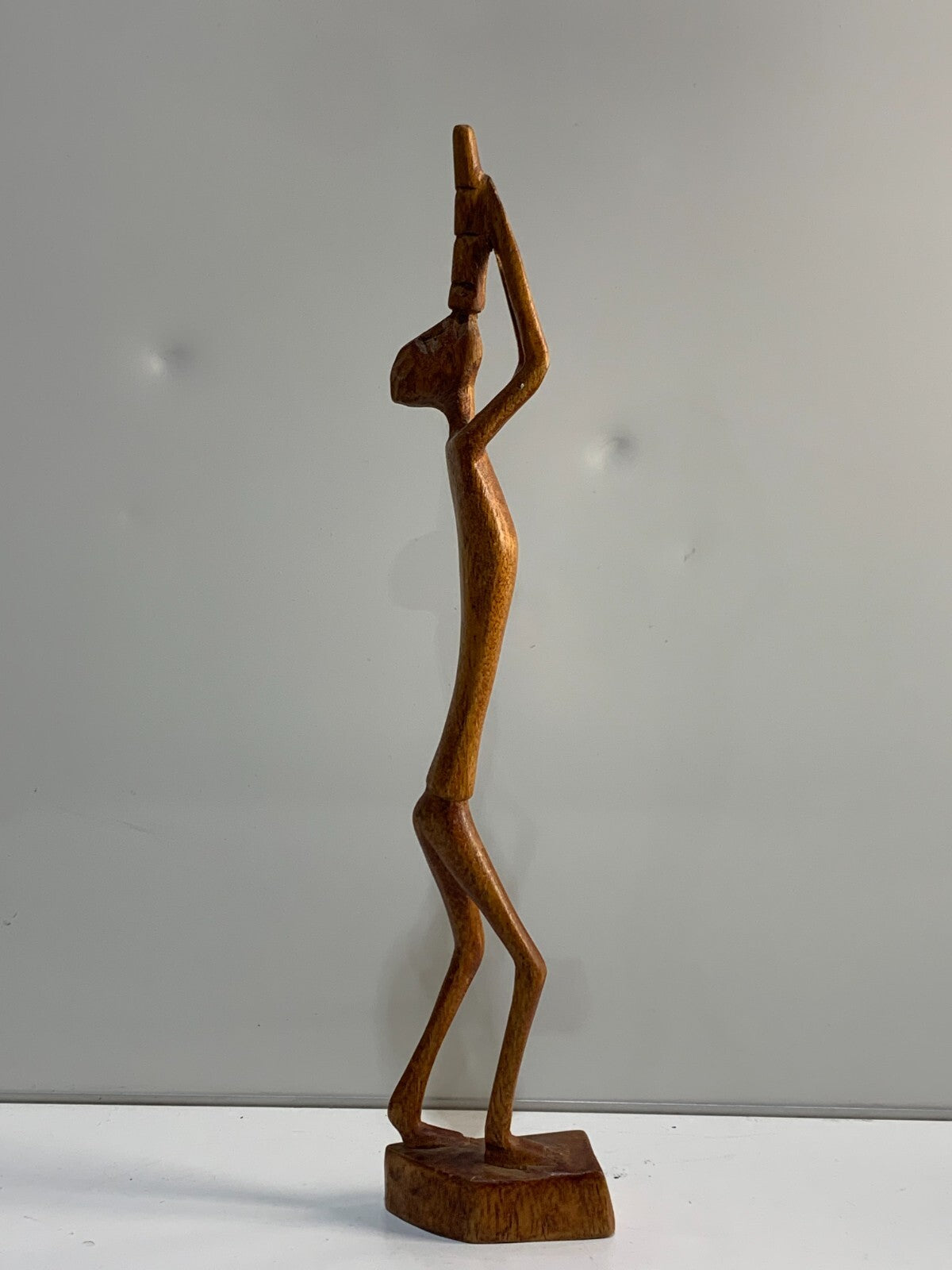 Vintage Wooden Abstract Sculpture Hand Carved Horn Blowing Man