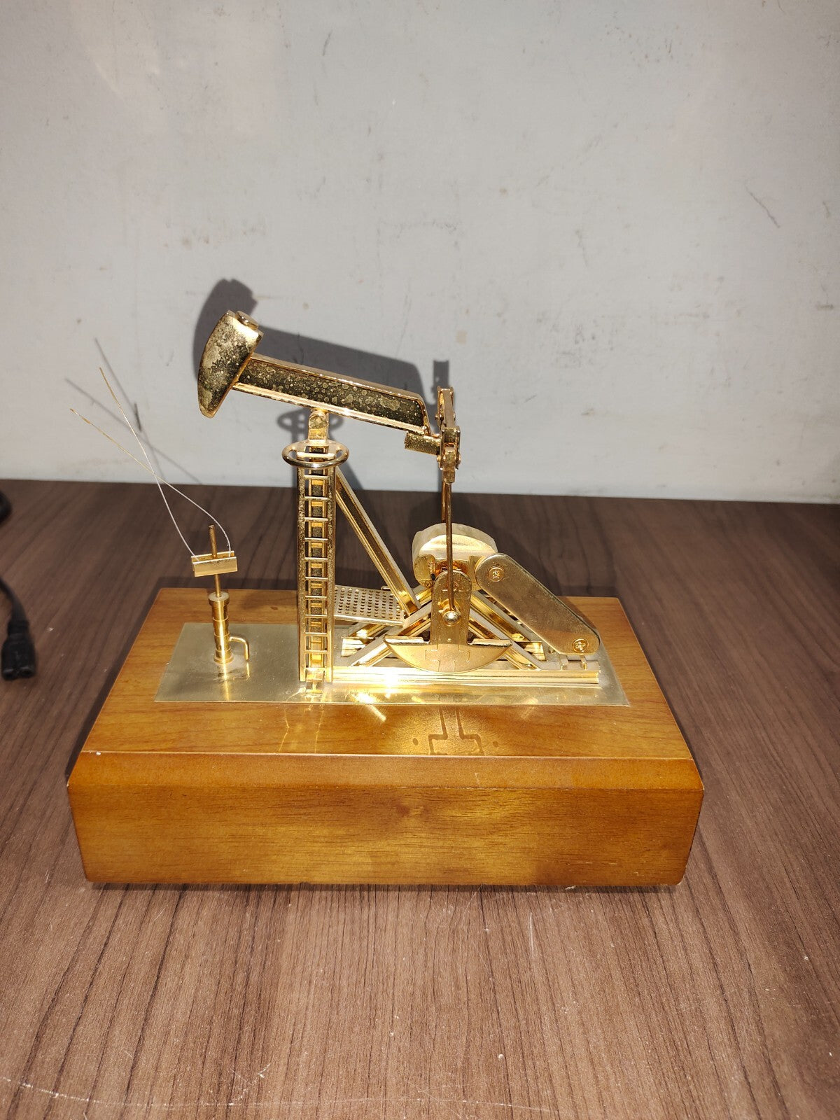Vintage Crude Oil Pump Music Box Automaton Gilt Gold Pump With Wooden Case