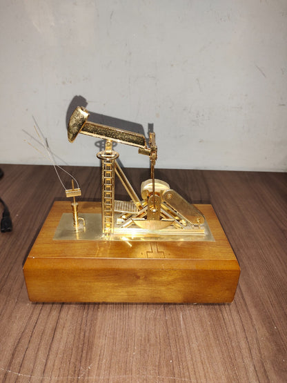Vintage Crude Oil Pump Music Box Automaton Gilt Gold Pump With Wooden Case