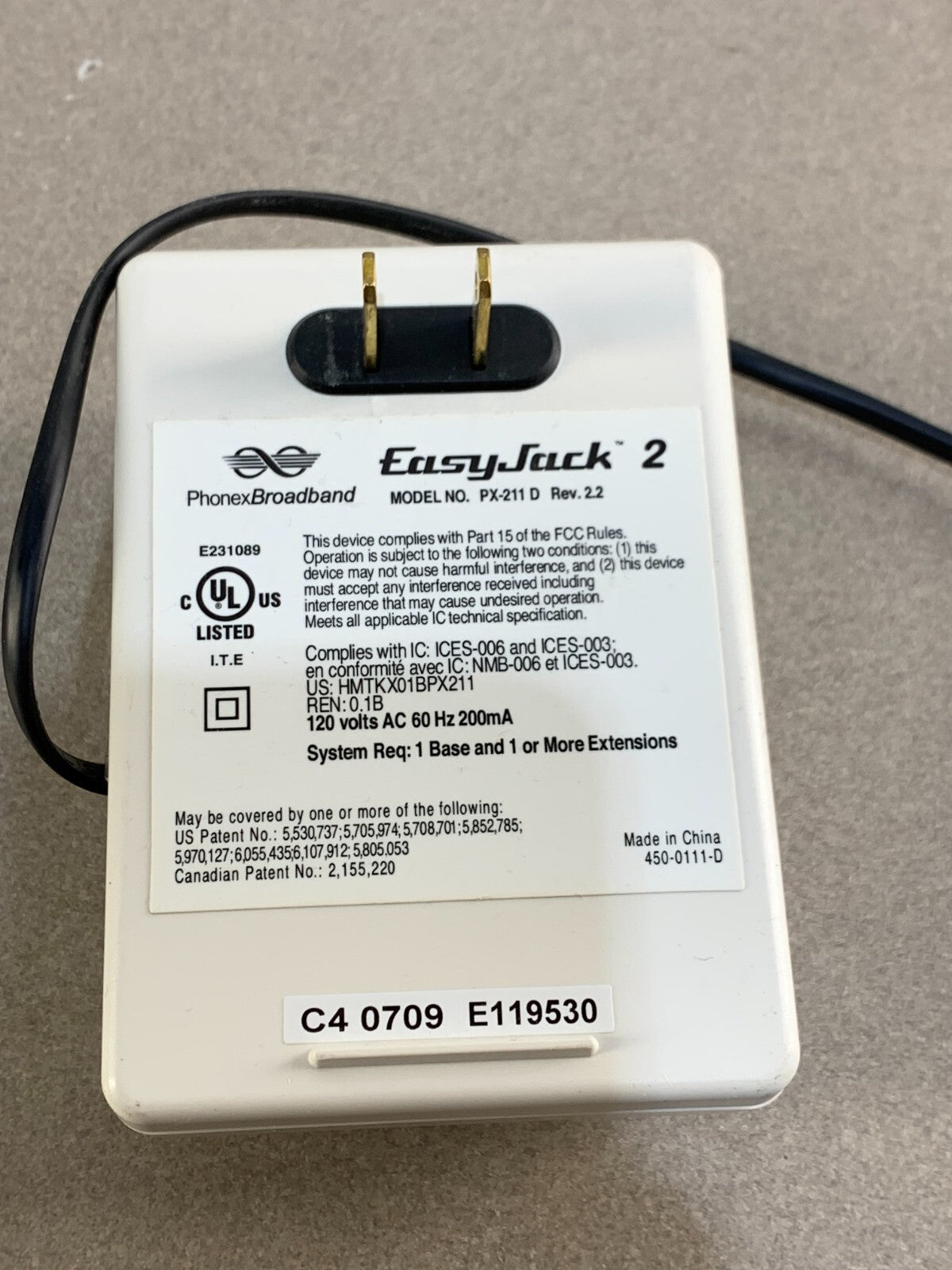 EasyJack 2 Phonex Broadband AC EXTENSION Phone Jack Converter PX 211 D Rev.2.2