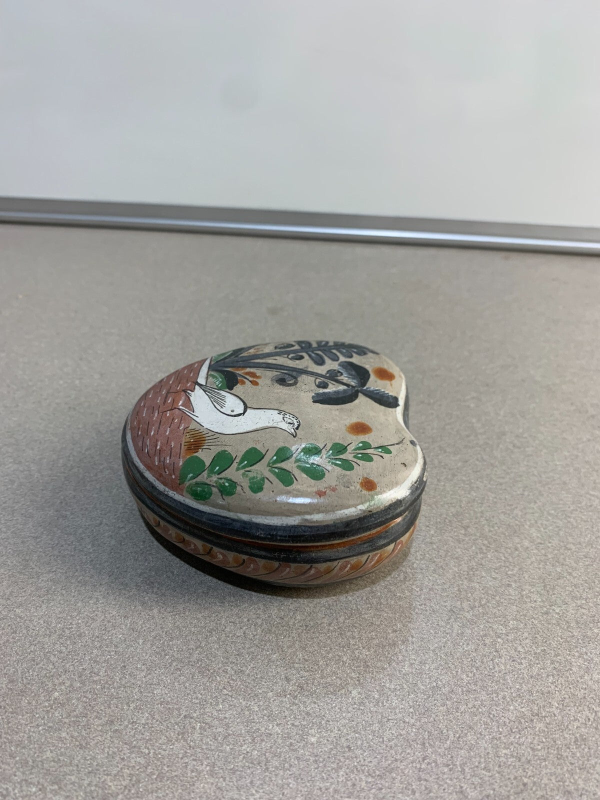 Bird Heart Shape Clay Box Hand Painted Burnished by Medrano Mexican Folk Art