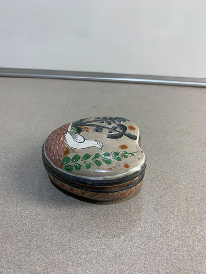 Bird Heart Shape Clay Box Hand Painted Burnished by Medrano Mexican Folk Art