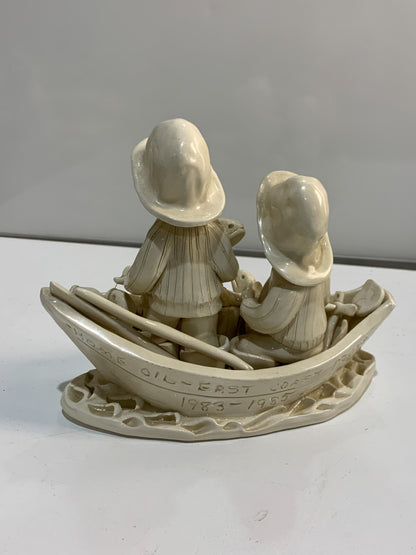 Vntg Novia Scotia Canada Folk Art Pottery Sculpture, Fisherman in Dory w Fish