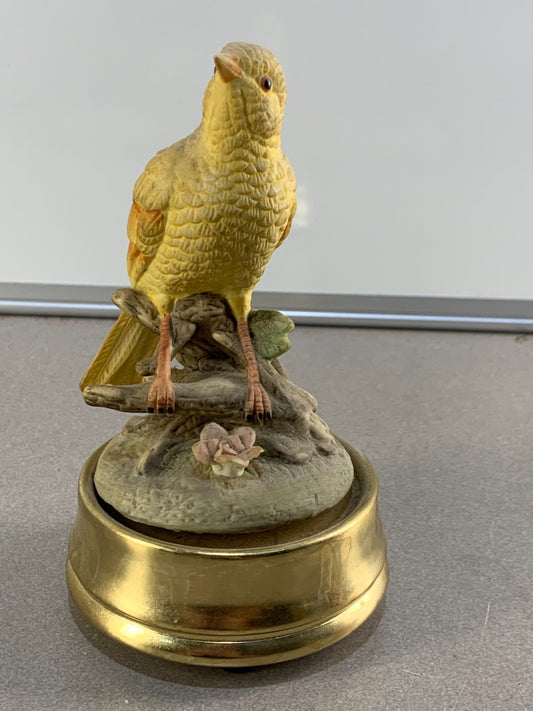 Vintage Yellow Ceramic Canary Bird On Branch Figurine Music Box