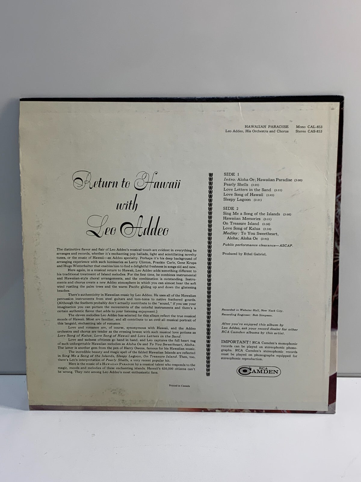 LEO ADDEO AND HIS ORCHESTRA Hawaiian Paradise LP RCA Camden CAS-853 vinyl album