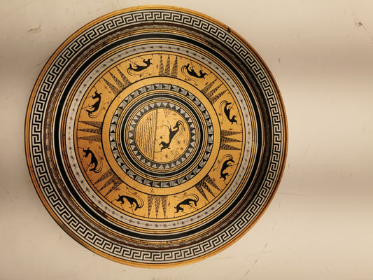 Vintage mid century Greece key etruscan round metal serving tray