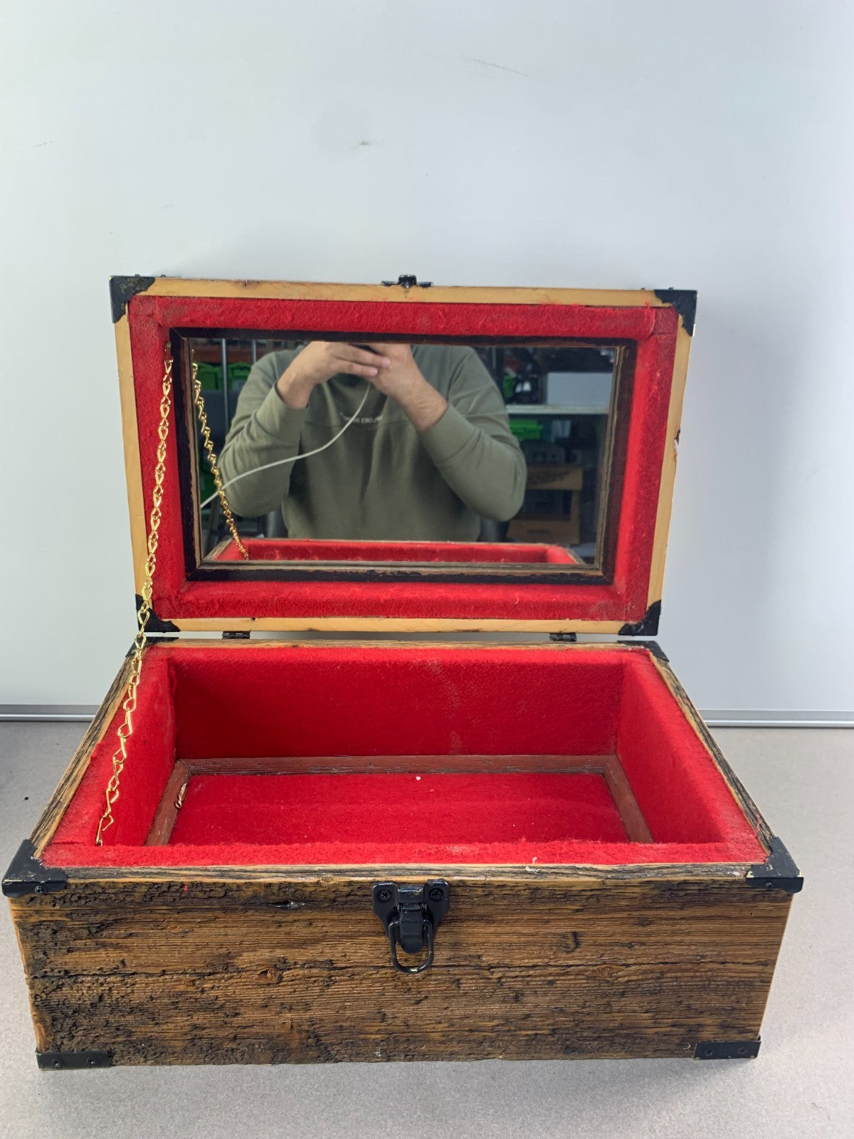 Antiqued Finished Wood Treasure Chest with Mirror inside