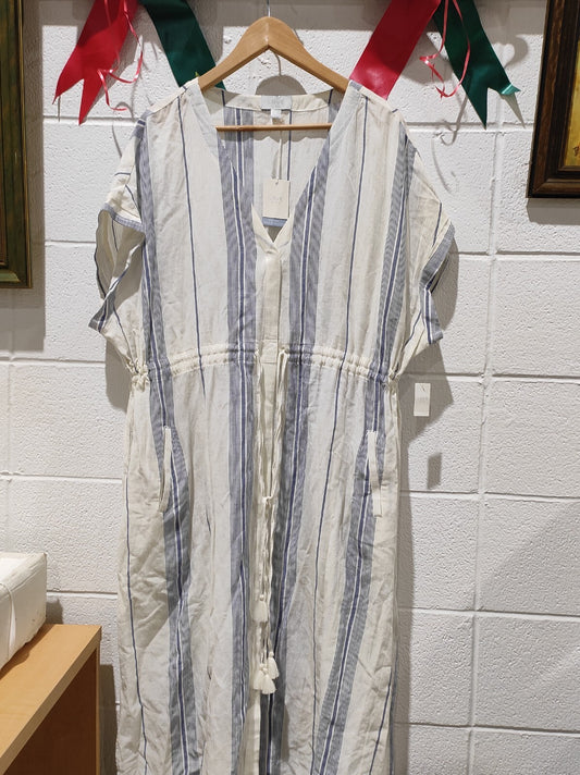 Gap Size XL Linen Cream Blue Stripe Women Jumpsuit Romper Shorts Belted Modern