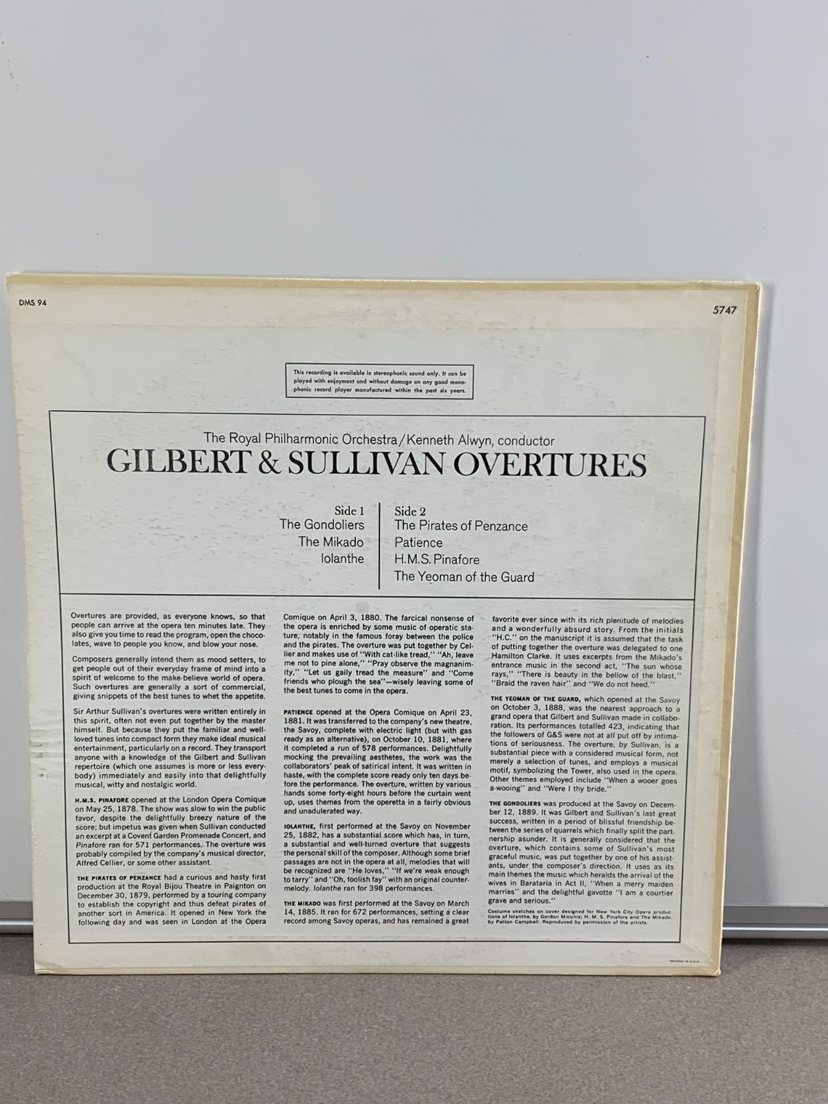 Gilbert & Sullivan Overtures LP 33 RPM Columbia 5747 RPO Alwyn