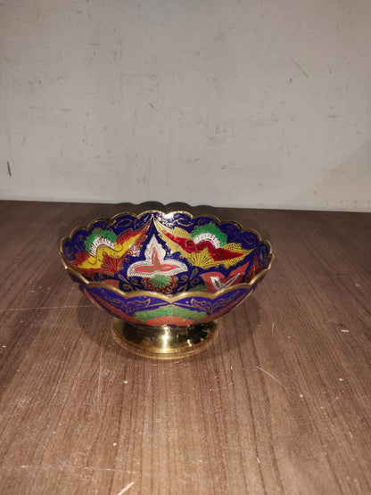 Vintage Indian Etched Brass Metal Flower Pedestal Red Bowl Trinket Dish