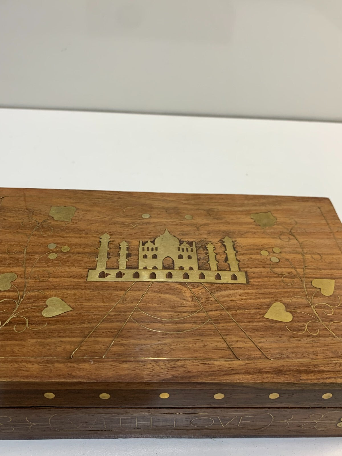 Vintage Carved Wood Jewelry Box with Taj Mahal Gold Inlay