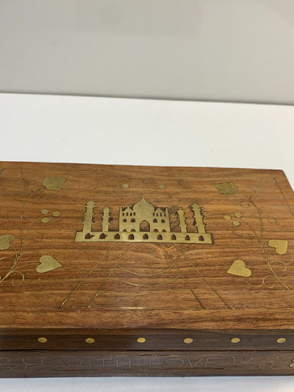 Vintage Carved Wood Jewelry Box with Taj Mahal Gold Inlay